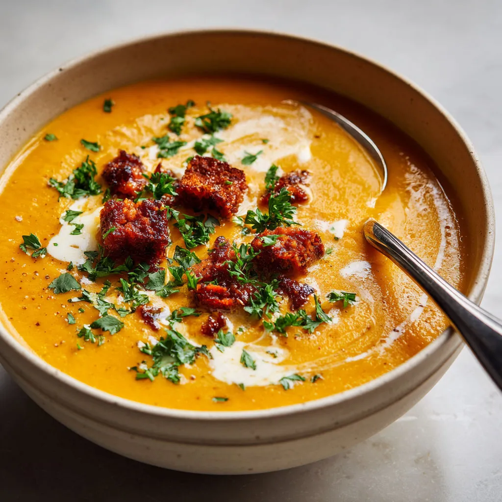 Velouté Carotte Patate Douce Chorizo Doré.