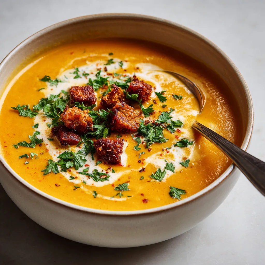 Soupe Piquante Légumes Rôtis Chorizo Croustillant.