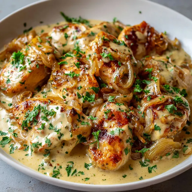 Plat de poulet avec sauce bière-crème accompagné de légumes et oignons.