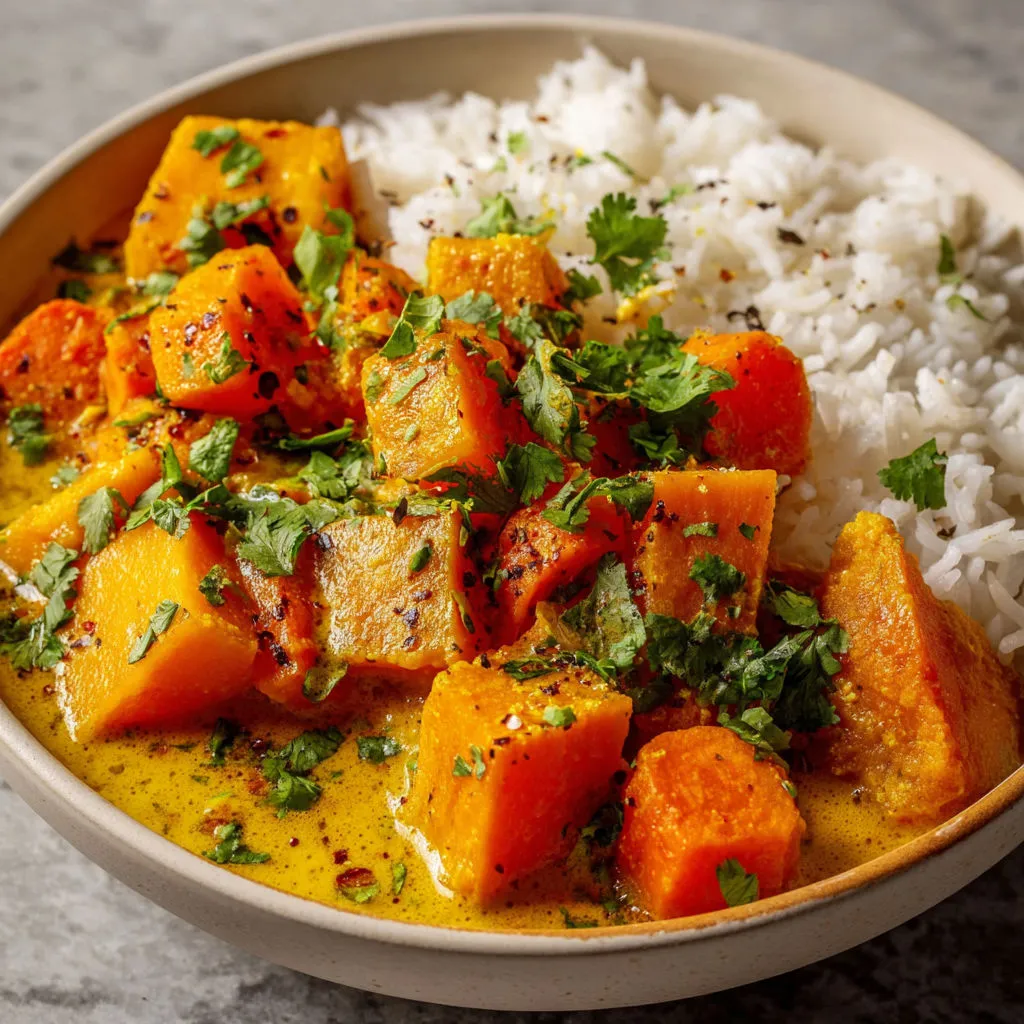 Un plat coloré de butternut, patates et carottes épicées servi dans un bol.