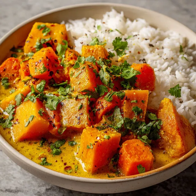 Un plat coloré de butternut, patates et carottes épicées servi dans un bol.