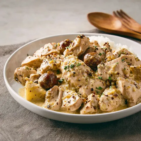Plat de dinde doré avec châtaignes et sauce aux saveurs de moutarde.