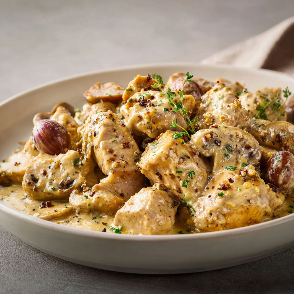 Dinde à la crème avec châtaignes et moutarde à l'ancienne.