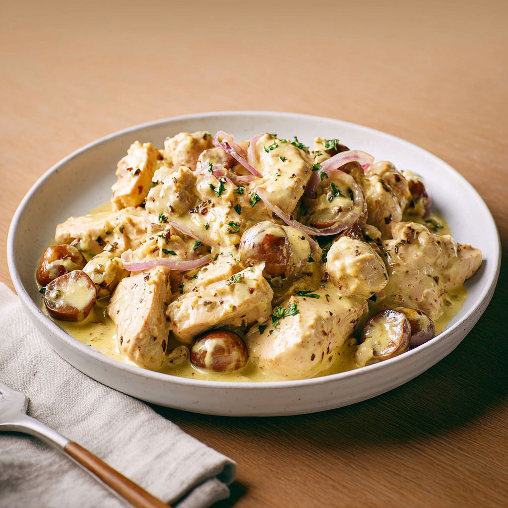 Dinde crémeuse aux châtaignes et moutarde pour l'automne.