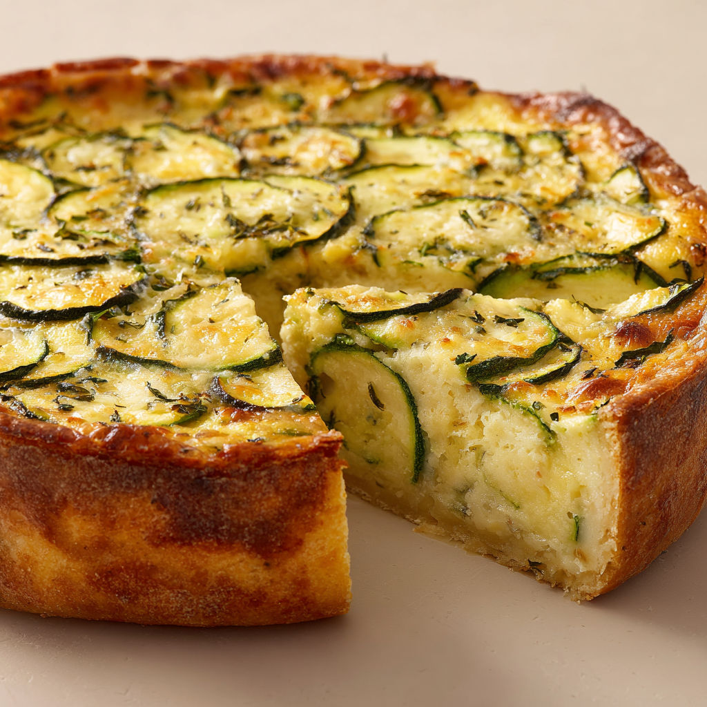 Une portion de flan aux courgettes posée sur une table.
