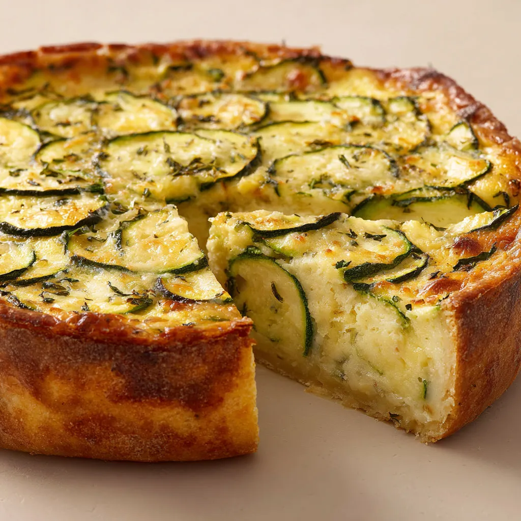 Une portion de flan aux courgettes posée sur une table.