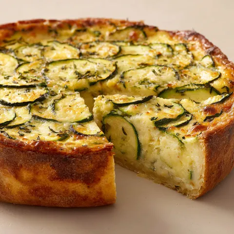 Une portion de flan aux courgettes posée sur une table.