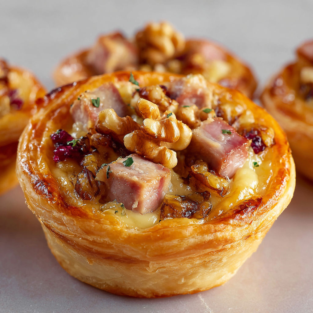 Tartelettes feuilletées au magret fumé avec confit d’oignons.