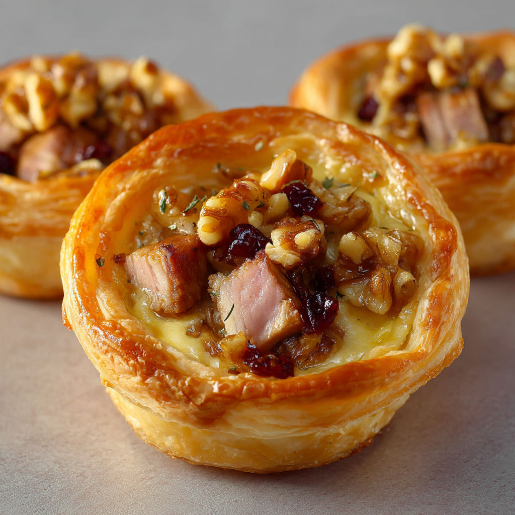 Petites quiches pleines de saveur, magret fumé et éclats de noix.