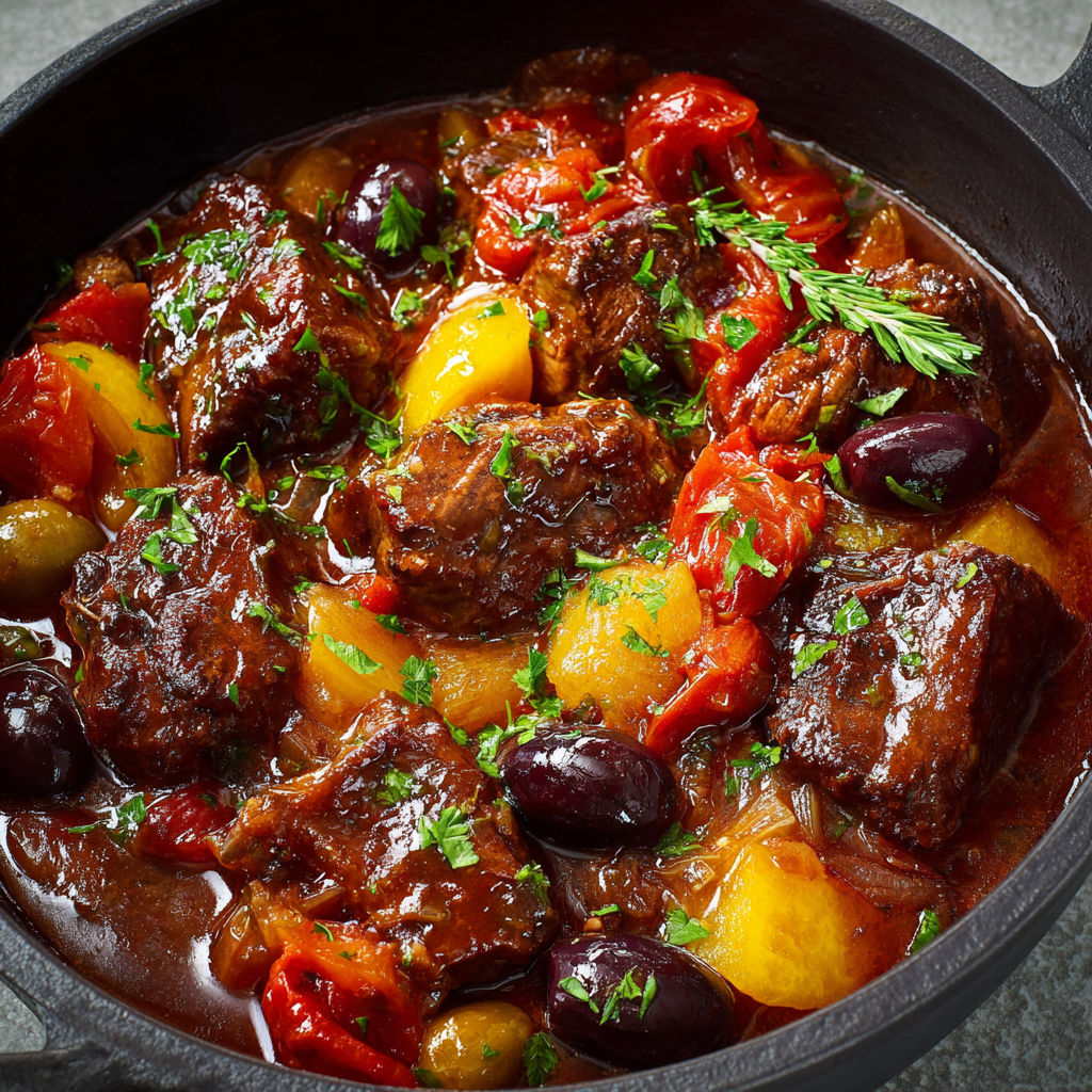Un mijoté de bœuf fondant servi dans un plat rustique accompagné de sauce riche.