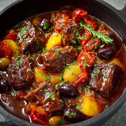 Un mijoté de bœuf fondant servi dans un plat rustique accompagné de sauce riche.