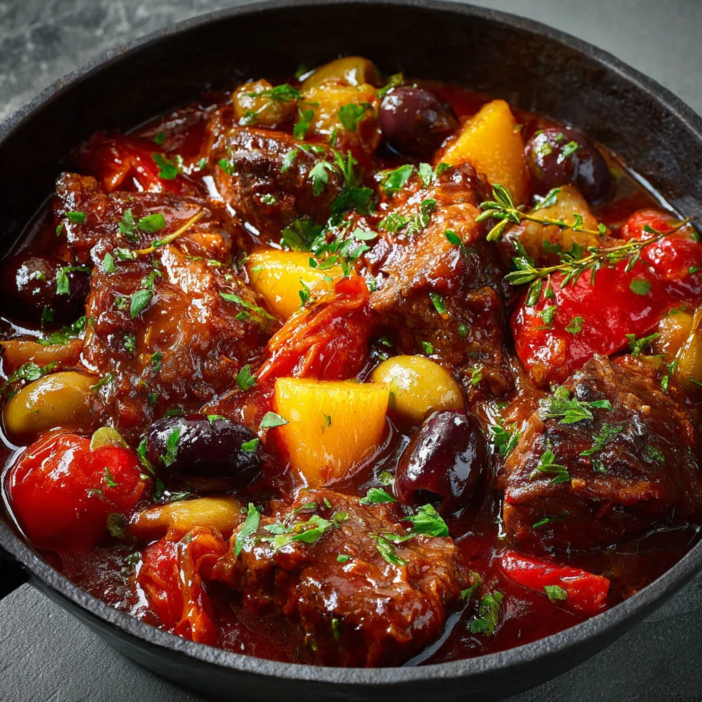 Daube niçoise aux olives et vin rouge du Sud.