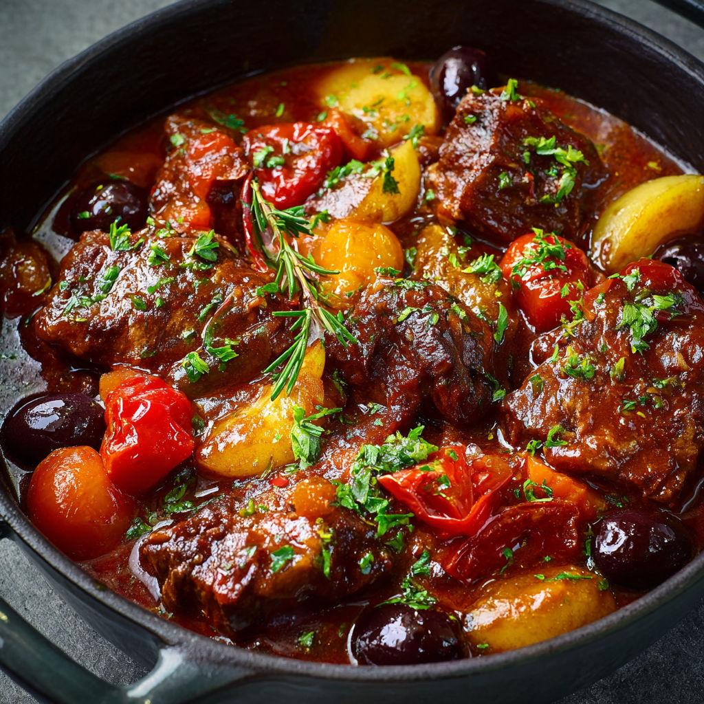 Bœuf tendre façon niçoise, olives et chocolat noir.