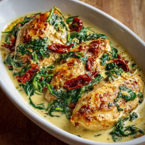 Plat appétissant de poulet aux épinards et tomates séchées.