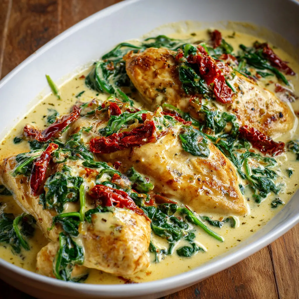 Poulet crémeux, épinards et tomates séchées tout doux.
