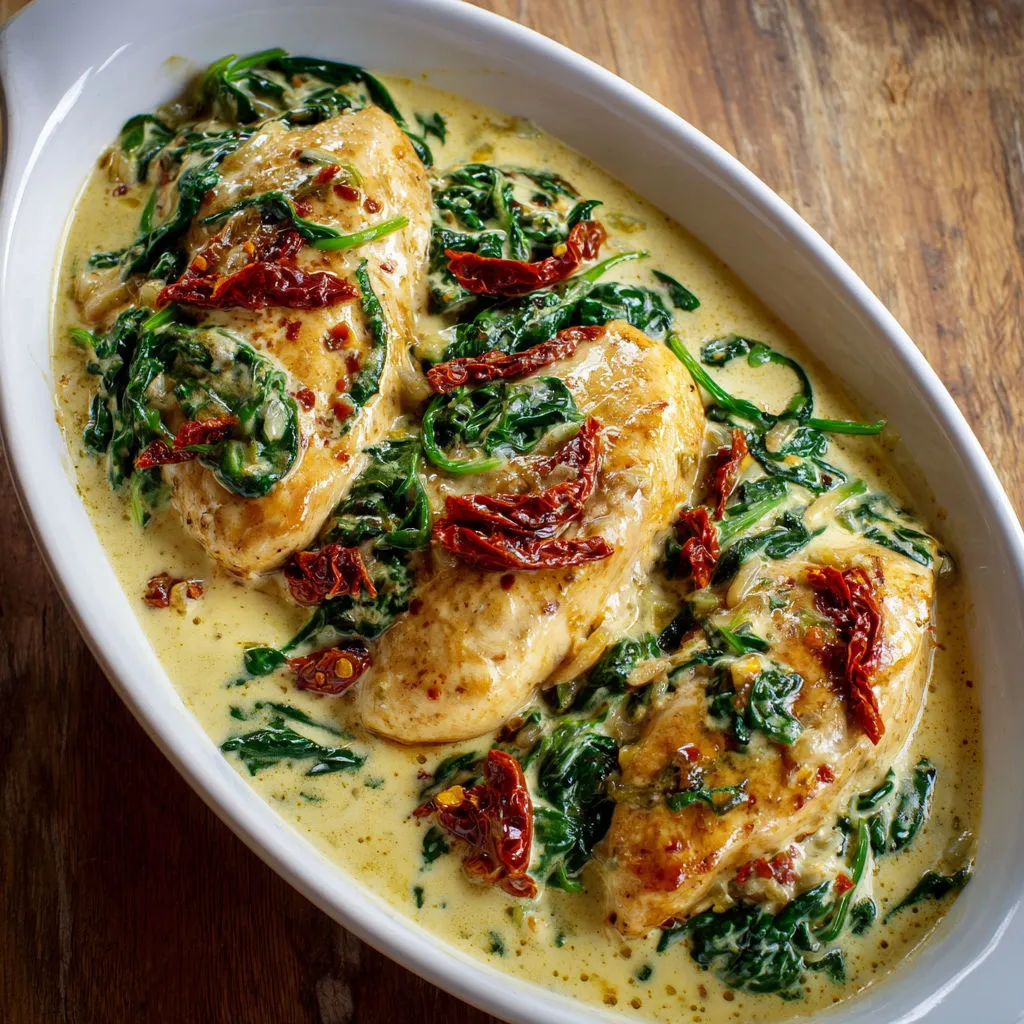 Escalopes de poulet, touche méditerranéenne et crème d’épinards.