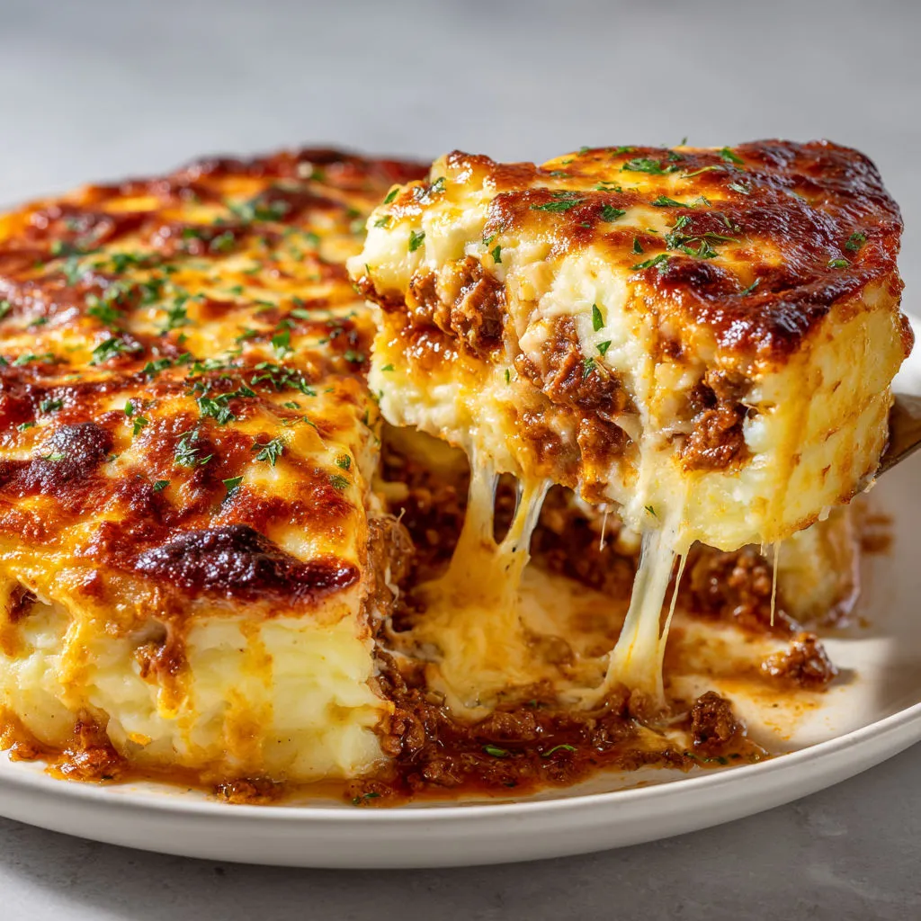 Une assiette gourmande de purée gratinée avec viande et fromage illumine une table.