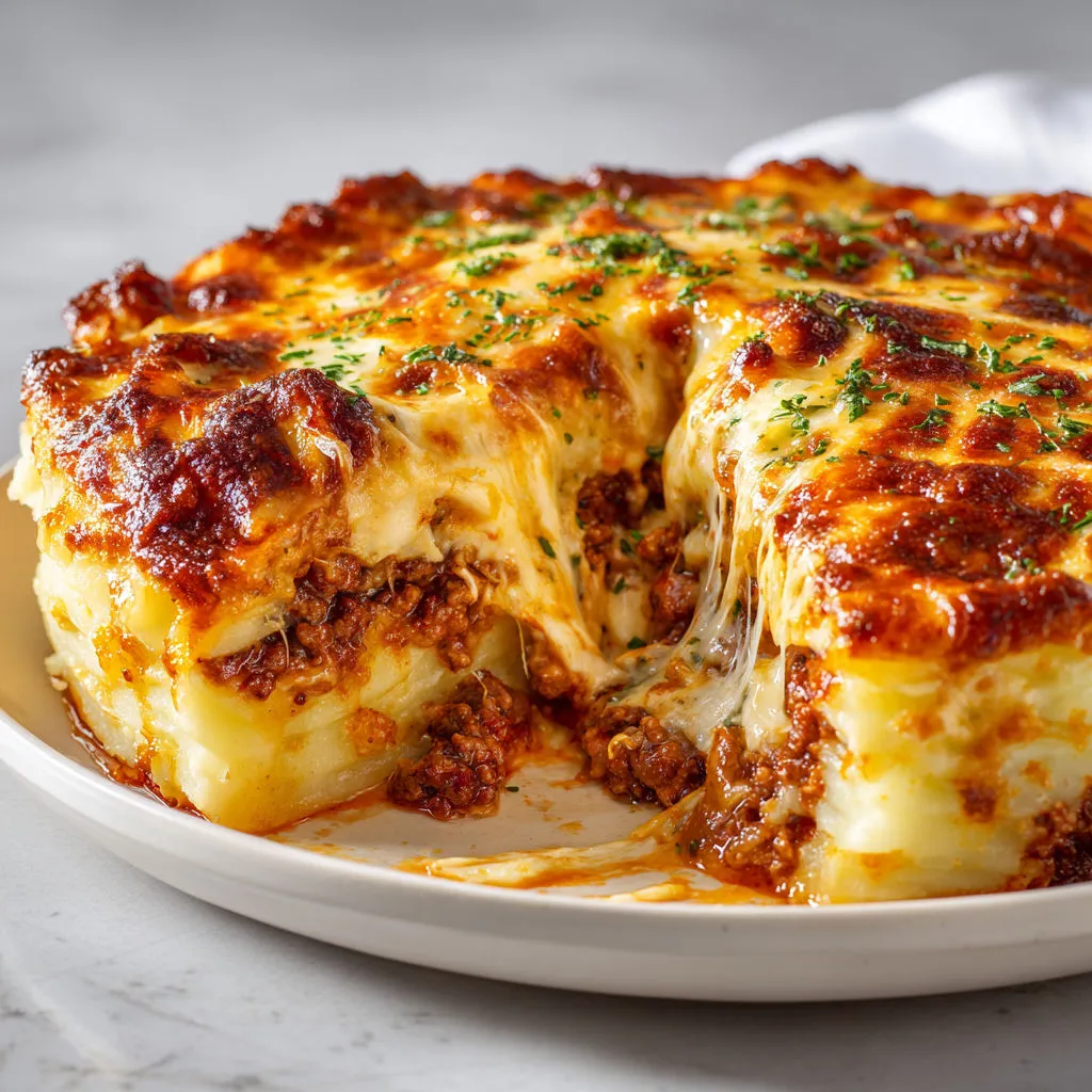 Gratin réconfort purée fromagée viande savoureuse.