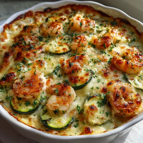 Un plat de courgettes cuites avec des crevettes et un gratin doré, servi dans un bol blanc.