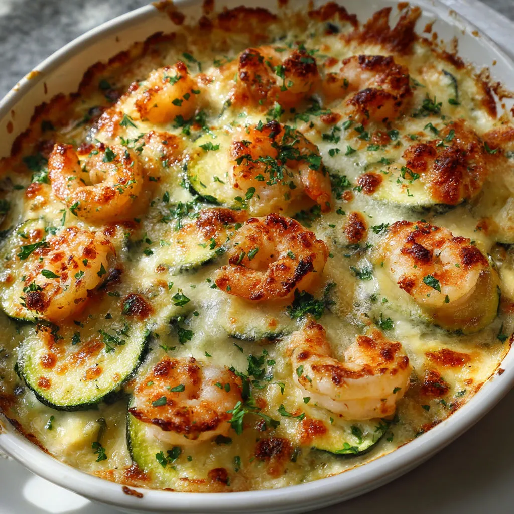 Gratin gourmand courgette crevette aillé.