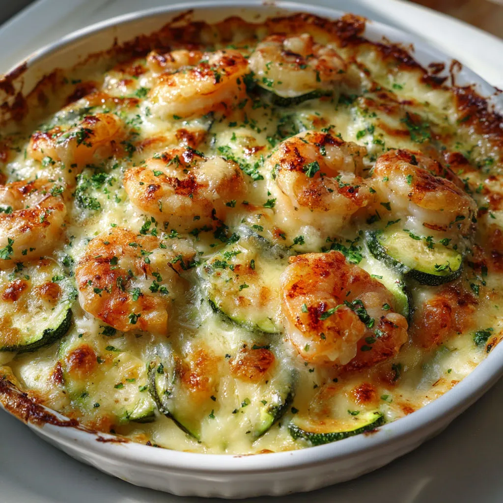Courgettes tendres et crevettes dorées sous une couche de fromage grillé.