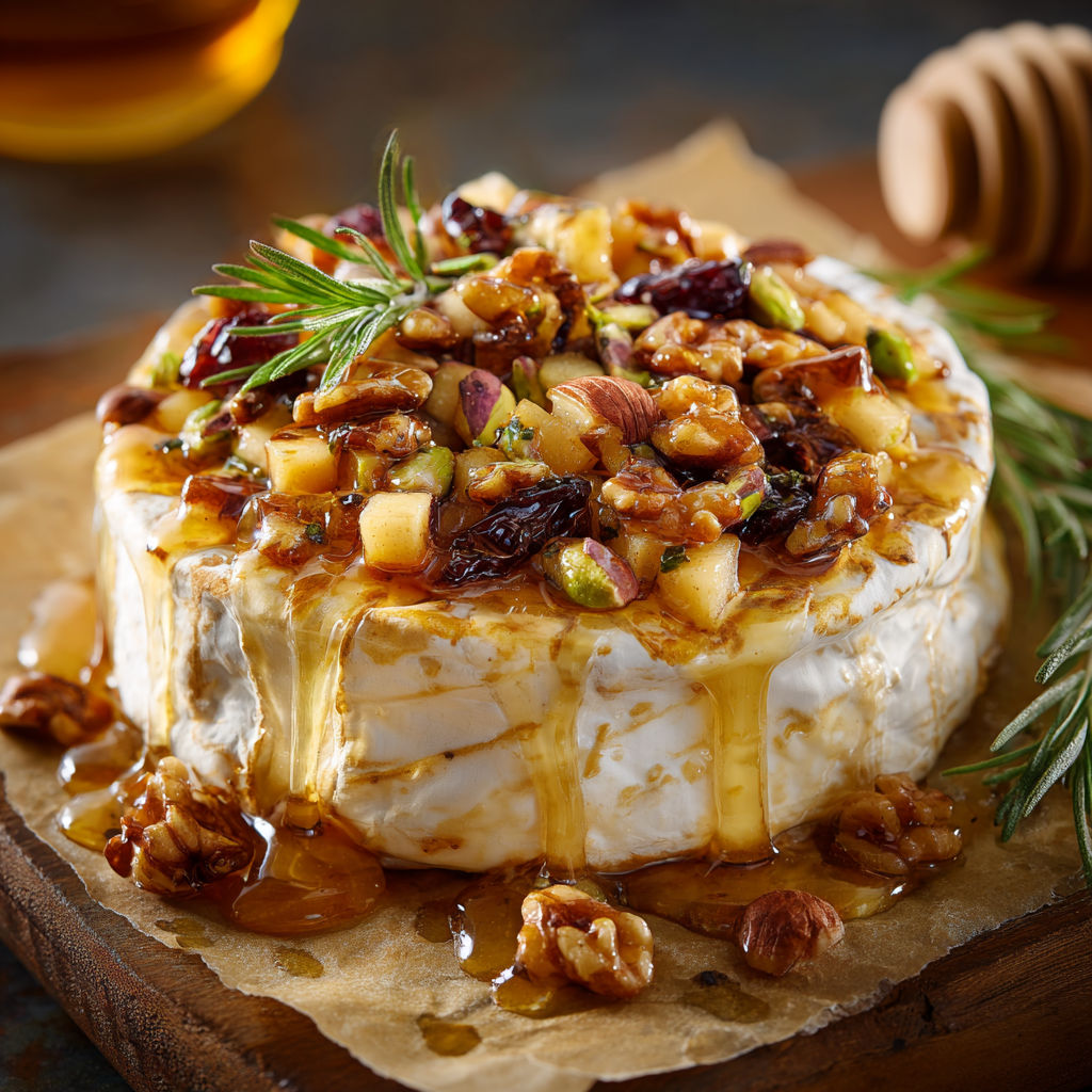 Gros plan d’un brie fondant accompagné de pommes, noix et sirop d’érable.