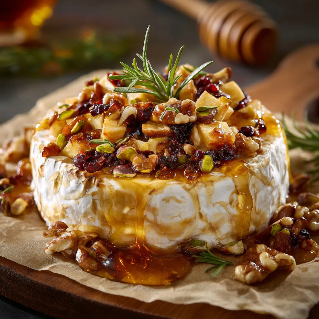 Brie bien coulant au four avec pommes et sirop d’érable.