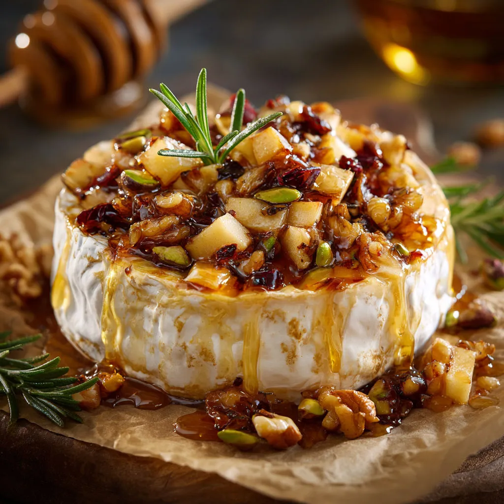 Brie rôti, pommes dorées et noix fraîches.