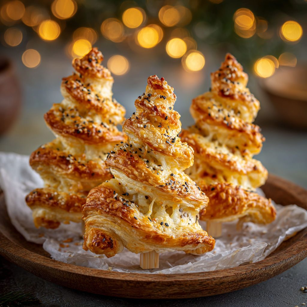 Un plateau rempli de sapins feuilletés garnis de fromage.
