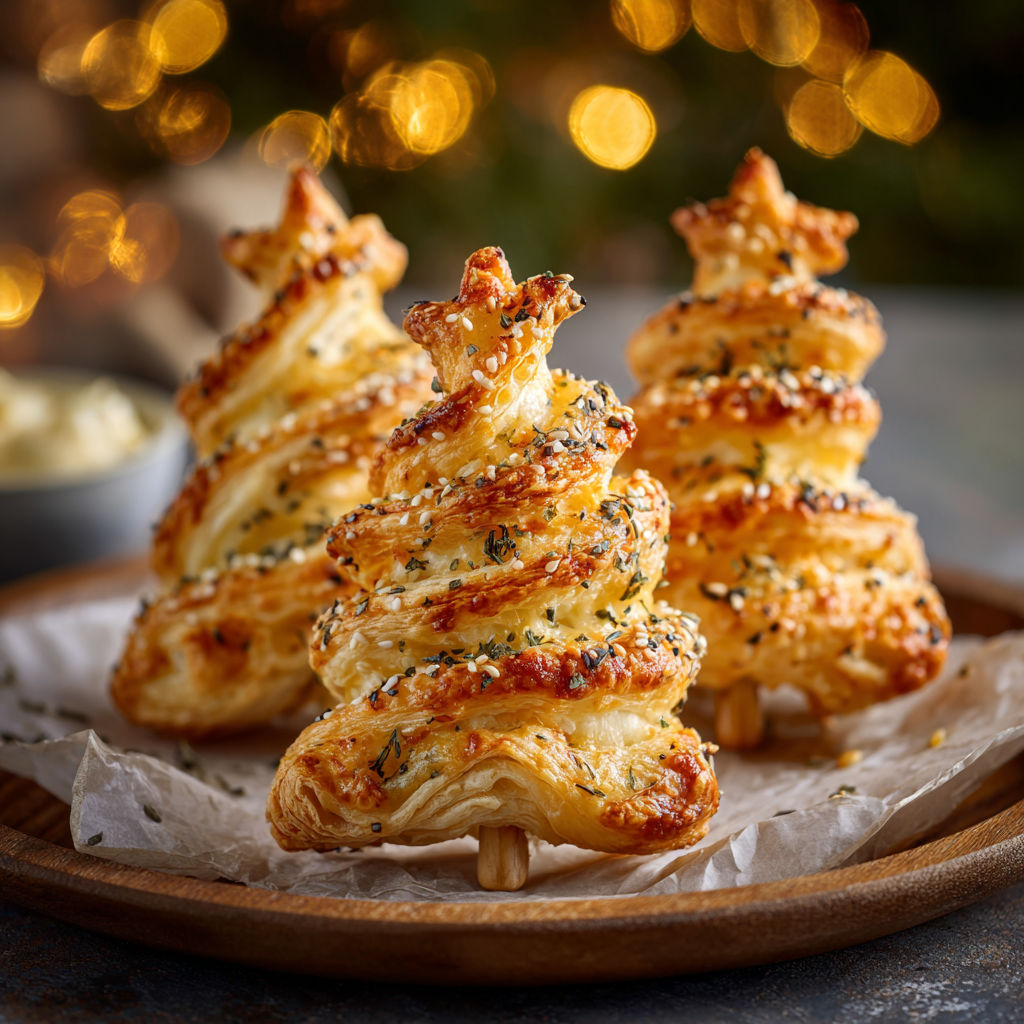 Un mini feuilleté au fromage en forme de sapin croustillant.