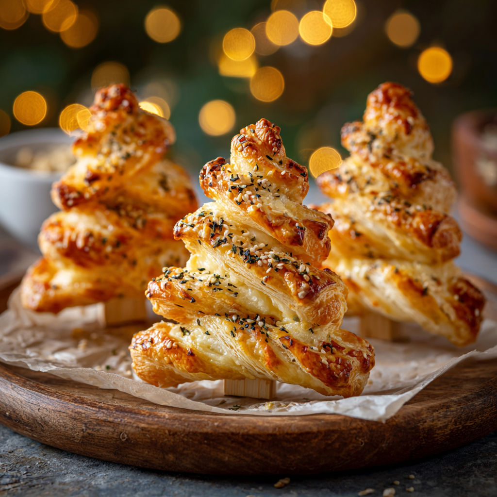 Un joli feuilleté en forme de sapin, fait avec de la pâte et du cumin, posé sur un plateau.