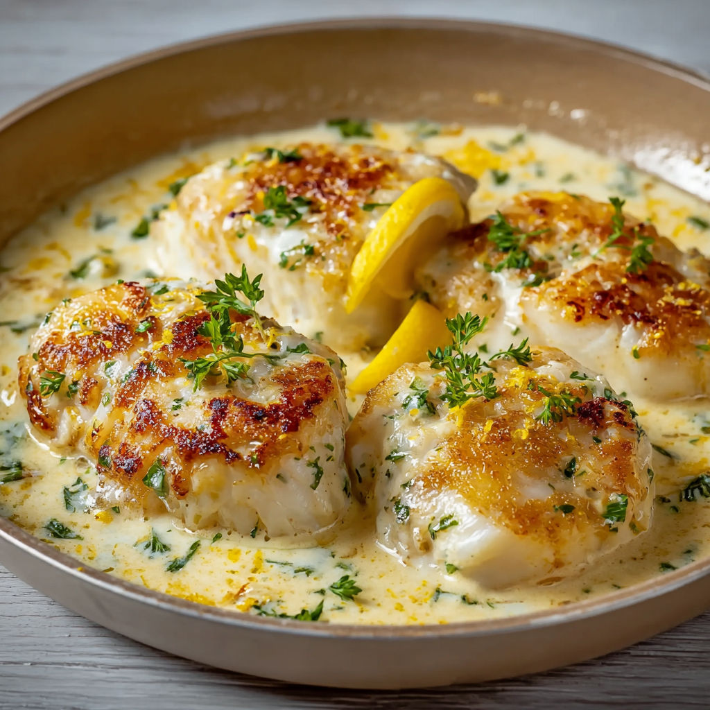 Filets de cabillaud à la crème citronnée et parmesan.