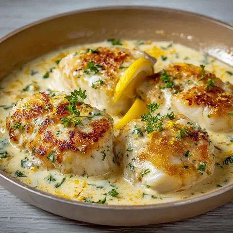Filets de cabillaud à la crème citronnée et parmesan.