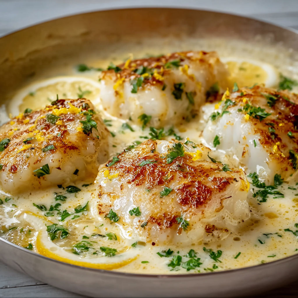 Cabillaud moelleux à la sauce parmesan et citron.