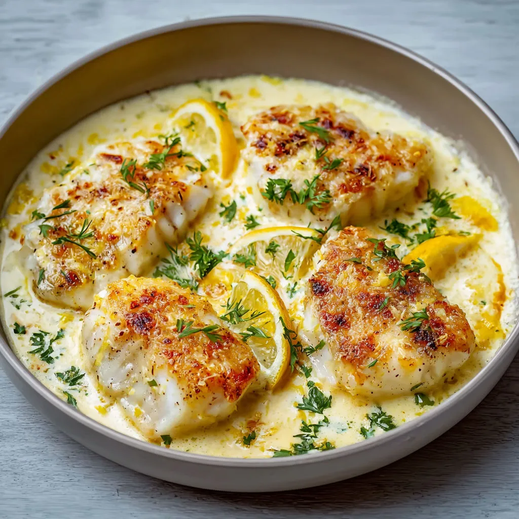 Filet de cabillaud tendre à la crème parmesan et citron.