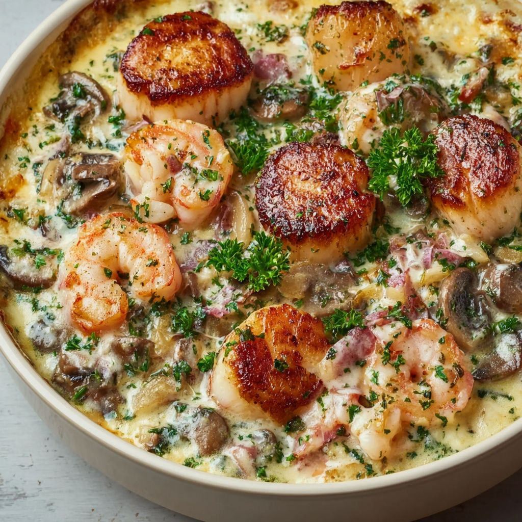 Un bol rempli de fruits de mer de Noël avec moules, crevettes et sauce crémeuse, idéal pour les fêtes.