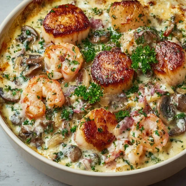 Un bol rempli de fruits de mer de Noël avec moules, crevettes et sauce crémeuse, idéal pour les fêtes.