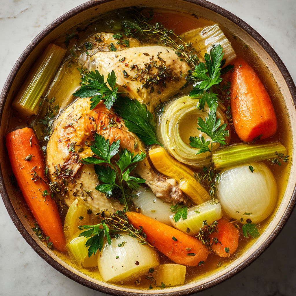 Un plat mijoté de poule et de légumes comme des poireaux et des carottes, baignant dans un bouillon.