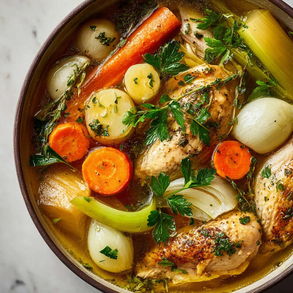 Poule mijotée et légumes anciens pour un goût unique.