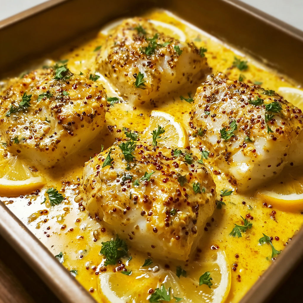 Filets de cabillaud nappés d'une sauce crémeuse citron-moutarde.
