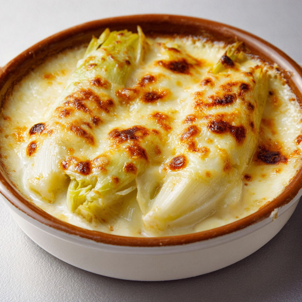 Un gratin d’endives au Maroilles présenté dans un plat en céramique.