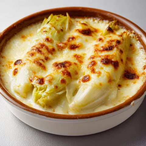 Un gratin d’endives au Maroilles présenté dans un plat en céramique.