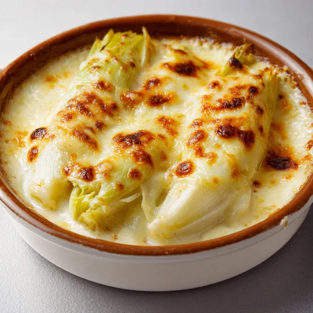 Un gratin d’endives au Maroilles présenté dans un plat en céramique.