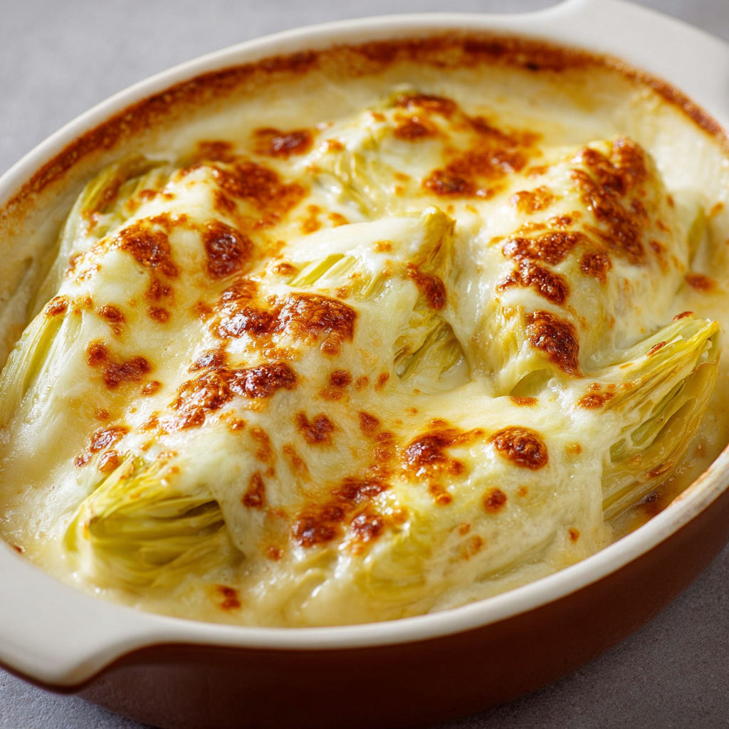 Endives gratinées au fromage du Nord, prêtes à être servies.