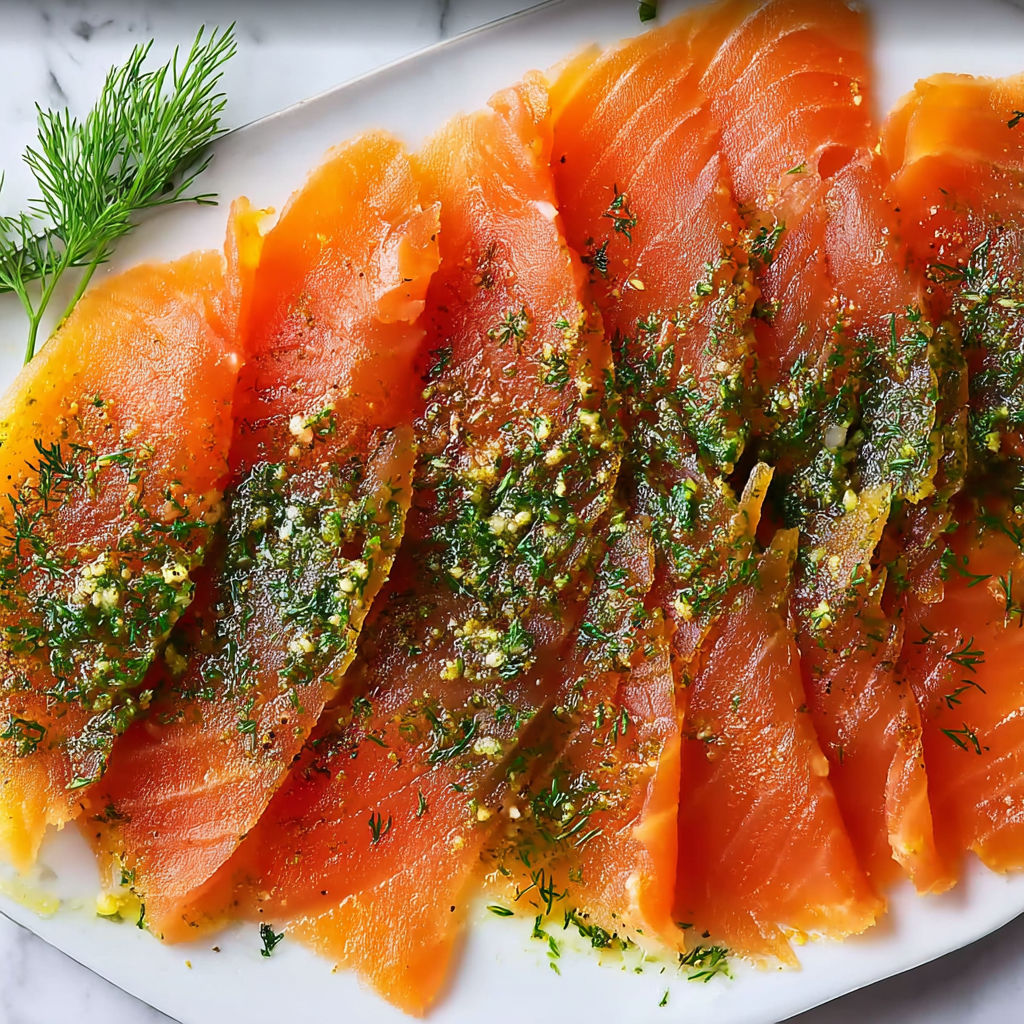 Saumon gravlax délicatement mariné avec de l'aneth frais et une sauce citron légère. Idéal pour des repas chic et faciles.