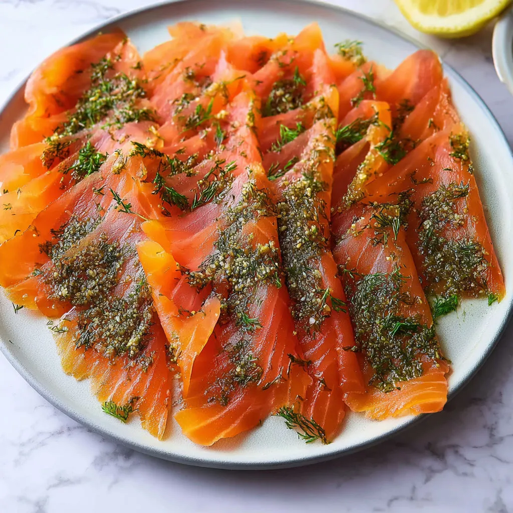 Gravlax maison à l’aneth et citron prêt à déguster.
