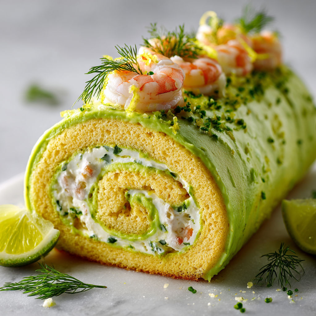 Une roulade de crevettes, avocat et citron vert joliment présentée.