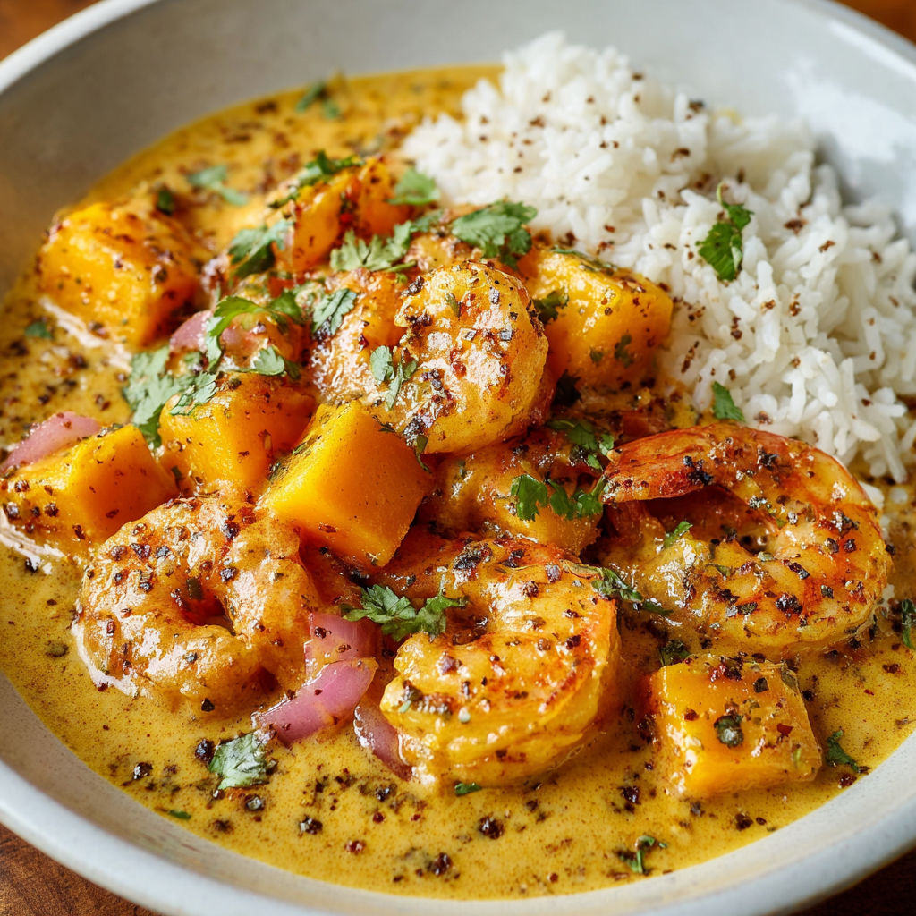 Un plat appétissant avec butternut, coco et crevettes, décoré subtilement de coriandre.