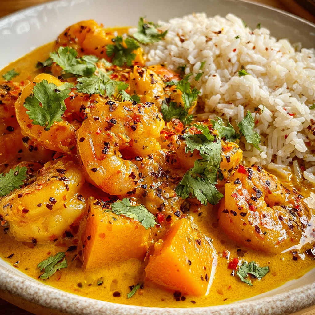 Curry crémeux de crevettes et butternut au lait de coco.