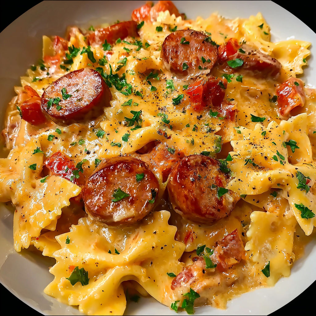 Pâtes gratinées toutes crémeuses avec saucisse fumée.